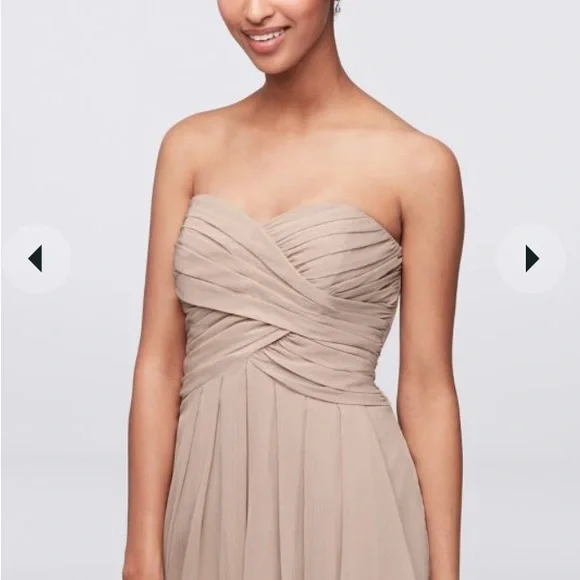 David’s Bridal Strapless Pink Crinkle Chiffon Bridesmaid Dress with Cascade - Picture 4 of 9